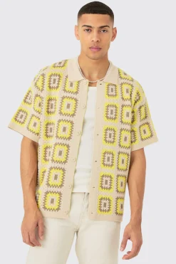 Oversized Boxy Crochet Knit Shirt In Stone | BoohooMAN UK