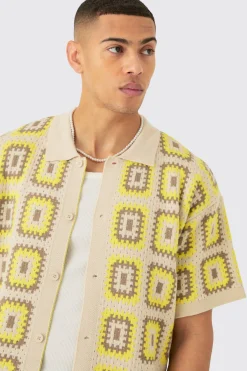 Oversized Boxy Crochet Knit Shirt In Stone | BoohooMAN UK