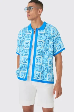 Oversized Boxy Crochet Knitted Shirt | BoohooMAN UK