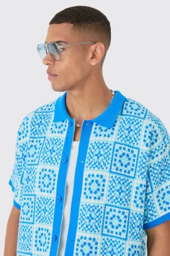 Oversized Boxy Crochet Knitted Shirt | BoohooMAN UK