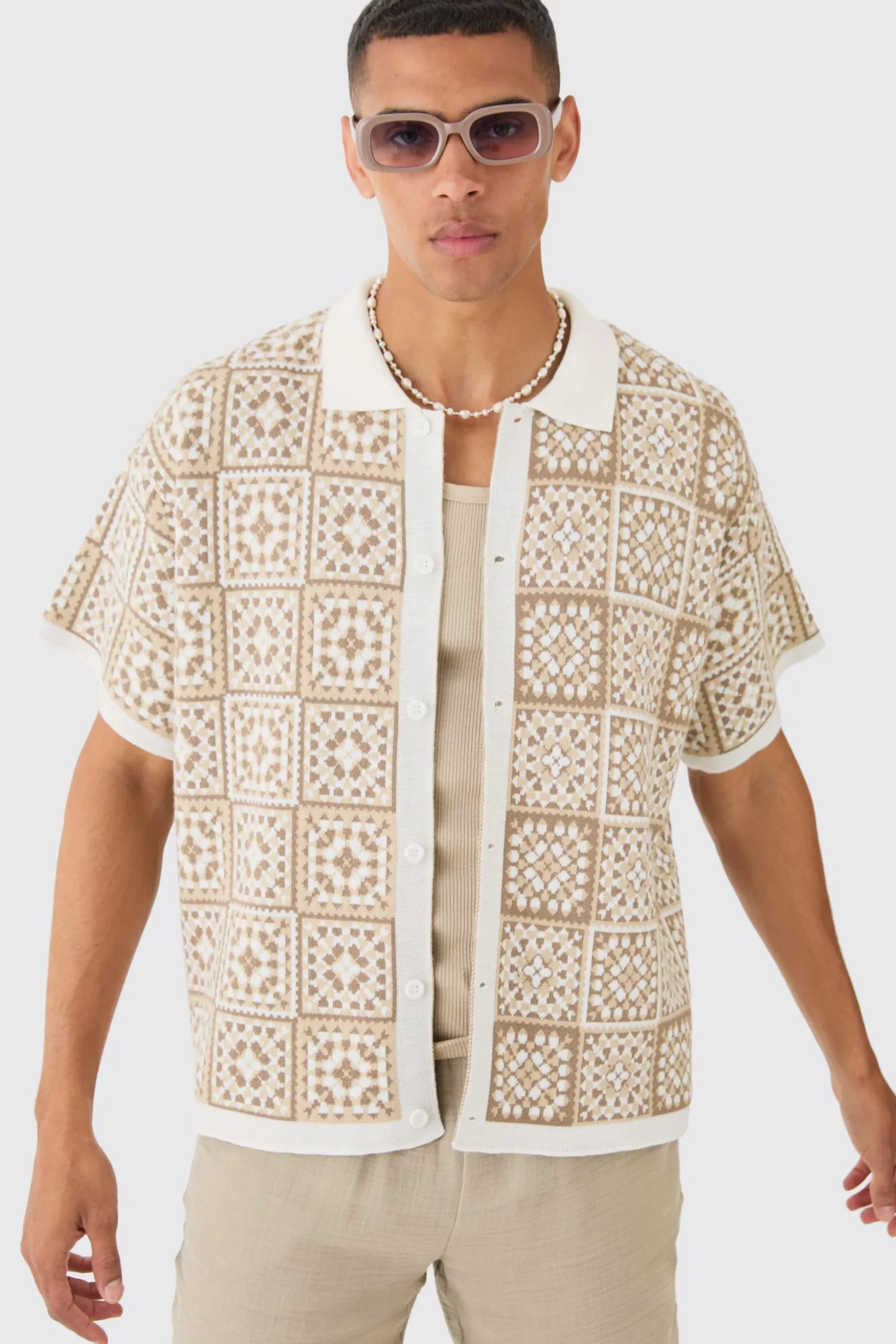 Oversized Boxy Crochet Knitted Shirt | BoohooMAN UK