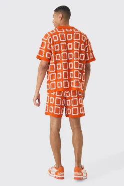 Oversized Boxy Crochet Knit Shirt And Short Set | BoohooMAN UK
