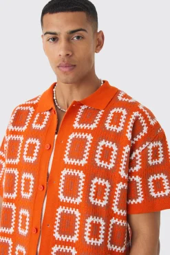 Oversized Boxy Crochet Knit Shirt And Short Set | BoohooMAN UK