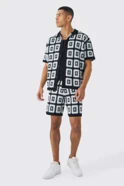 Oversized Boxy Crochet Knit Shirt And Short Set | BoohooMAN UK