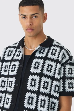 Oversized Boxy Crochet Knit Shirt And Short Set | BoohooMAN UK