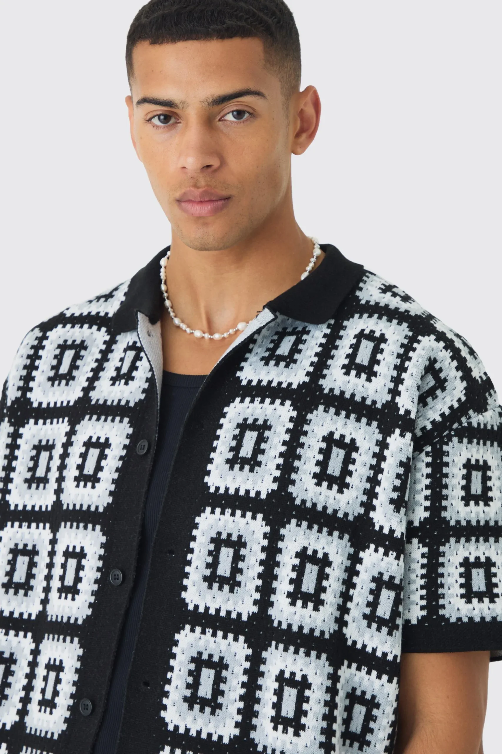 Oversized Boxy Crochet Knit Shirt And Short Set | BoohooMAN UK