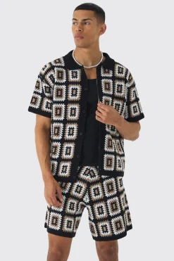 Oversized Boxy Crochet Knit Shirt And Short Set | BoohooMAN UK