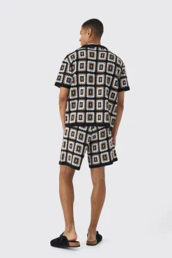 Oversized Boxy Crochet Knit Shirt And Short Set | BoohooMAN UK