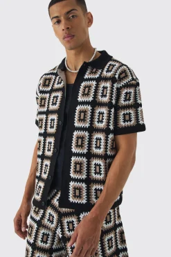 Oversized Boxy Crochet Knit Shirt And Short Set | BoohooMAN UK