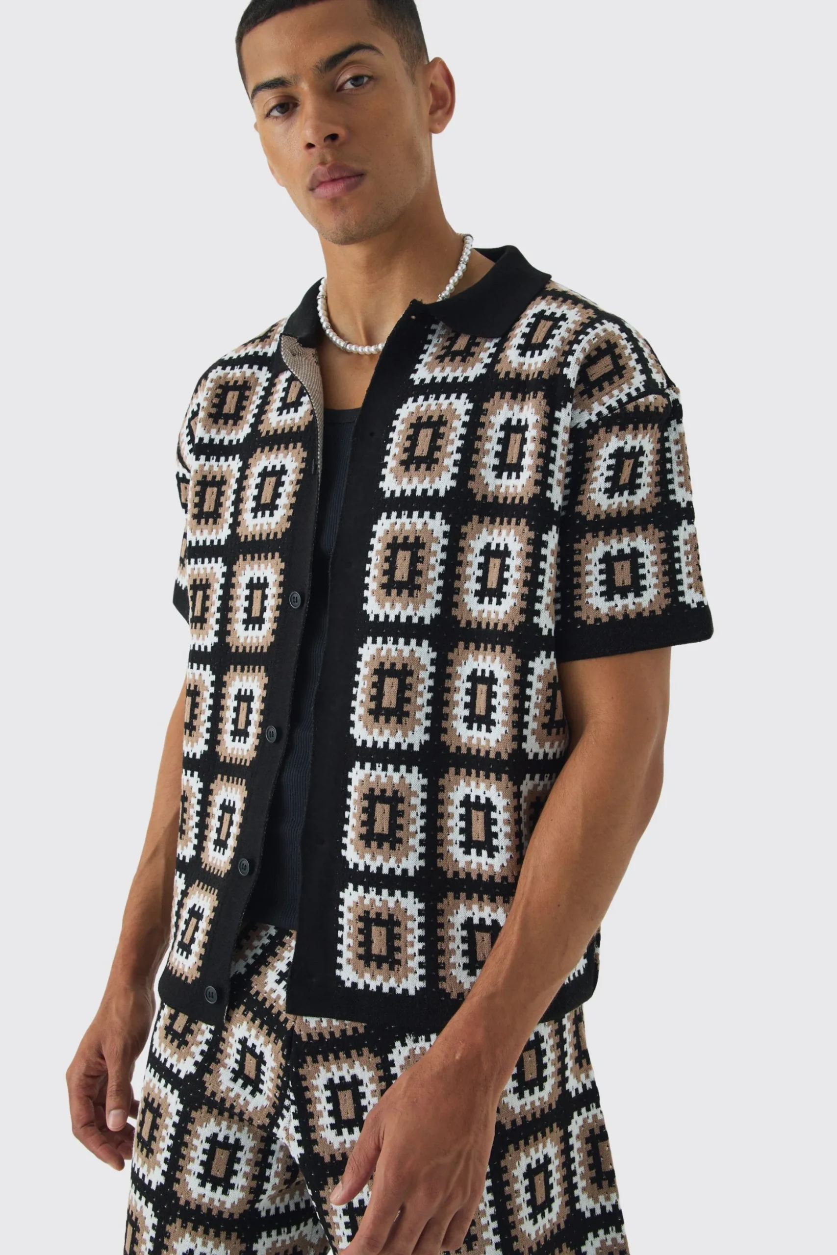 Oversized Boxy Crochet Knit Shirt And Short Set | BoohooMAN UK