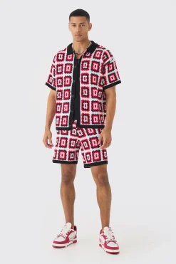 Oversized Boxy Crochet Knit Shirt And Short Set | BoohooMAN UK