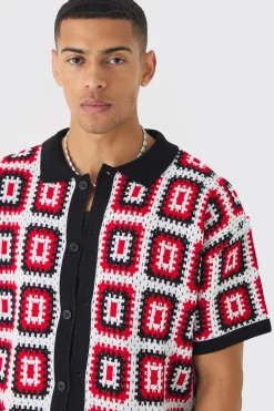 Oversized Boxy Crochet Knit Shirt And Short Set | BoohooMAN UK