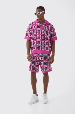 Oversized Boxy Crochet Knit Polo And Short Set | BoohooMAN UK