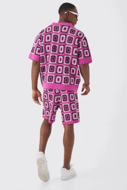 Oversized Boxy Crochet Knit Polo And Short Set | BoohooMAN UK