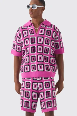 Oversized Boxy Crochet Knit Polo And Short Set | BoohooMAN UK