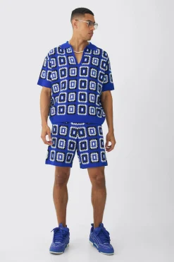Oversized Boxy Crochet Knit Polo And Short Set | BoohooMAN UK
