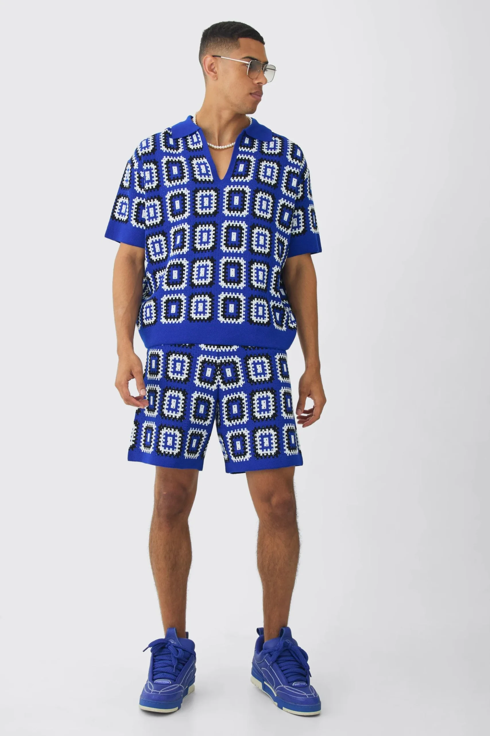Oversized Boxy Crochet Knit Polo And Short Set | BoohooMAN UK