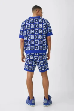 Oversized Boxy Crochet Knit Polo And Short Set | BoohooMAN UK