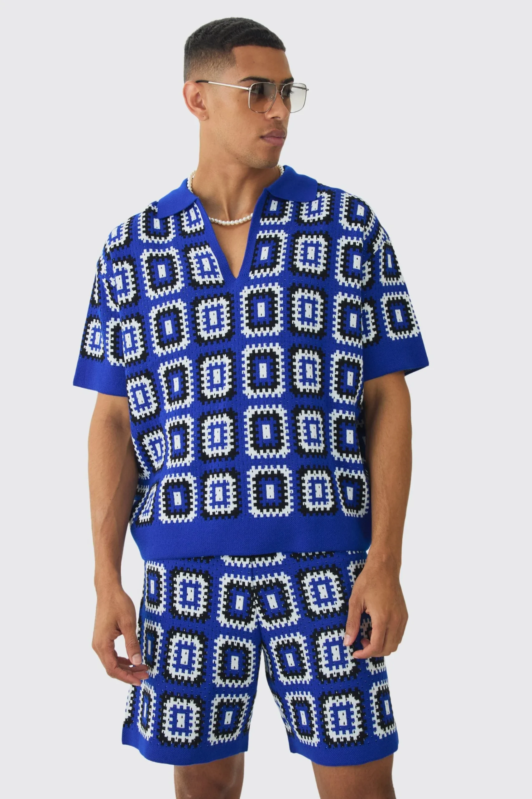Oversized Boxy Crochet Knit Polo And Short Set | BoohooMAN UK
