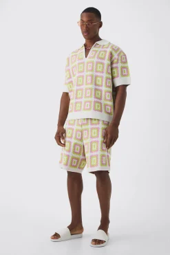 Oversized Boxy Crochet Knit Polo And Short Set | BoohooMAN UK
