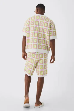 Oversized Boxy Crochet Knit Polo And Short Set | BoohooMAN UK