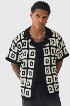 Oversized Boxy Crochet Knit Revere Shirt | BoohooMAN UK
