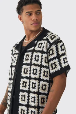 Oversized Boxy Crochet Knit Revere Shirt | BoohooMAN UK