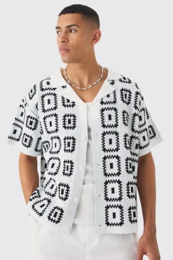 Oversized Boxy Crochet Knit Revere Shirt | BoohooMAN UK