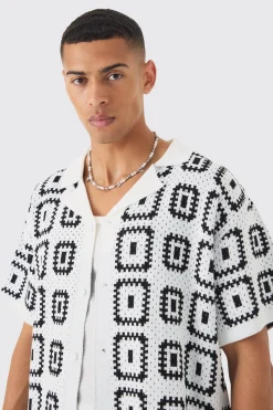 Oversized Boxy Crochet Knit Revere Shirt | BoohooMAN UK