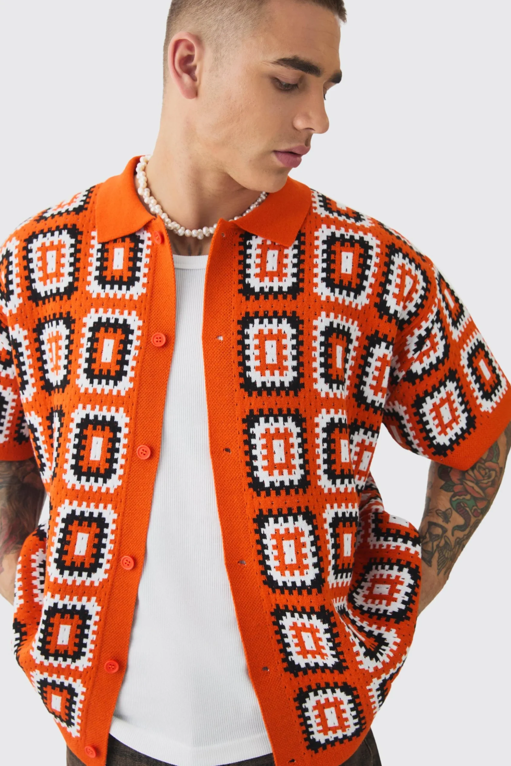 Oversized Boxy Crochet Knit Shirt | BoohooMAN UK