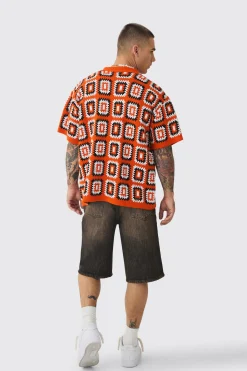 Oversized Boxy Crochet Knit Shirt | BoohooMAN UK