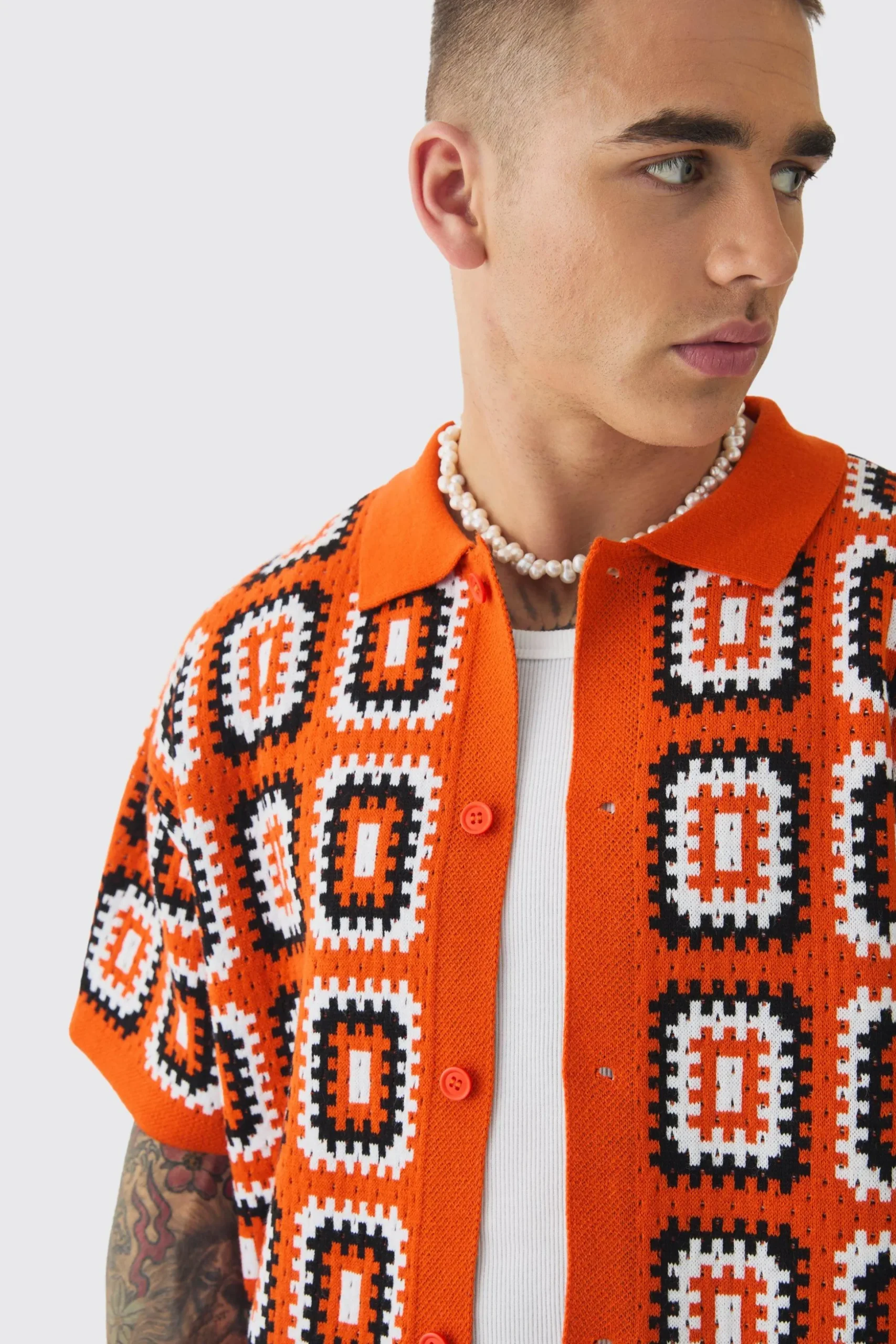 Oversized Boxy Crochet Knit Shirt | BoohooMAN UK