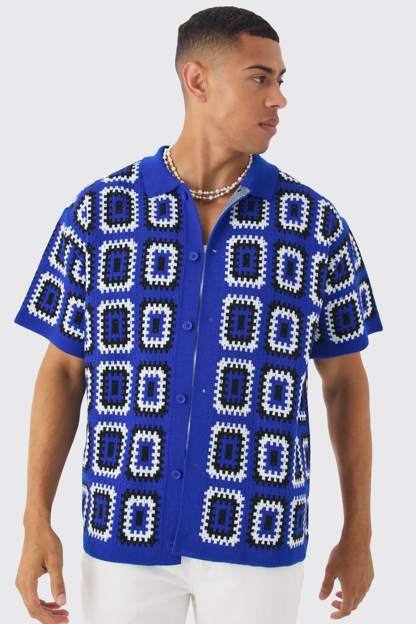 Oversized Boxy Crochet Knit Shirt | BoohooMAN UK