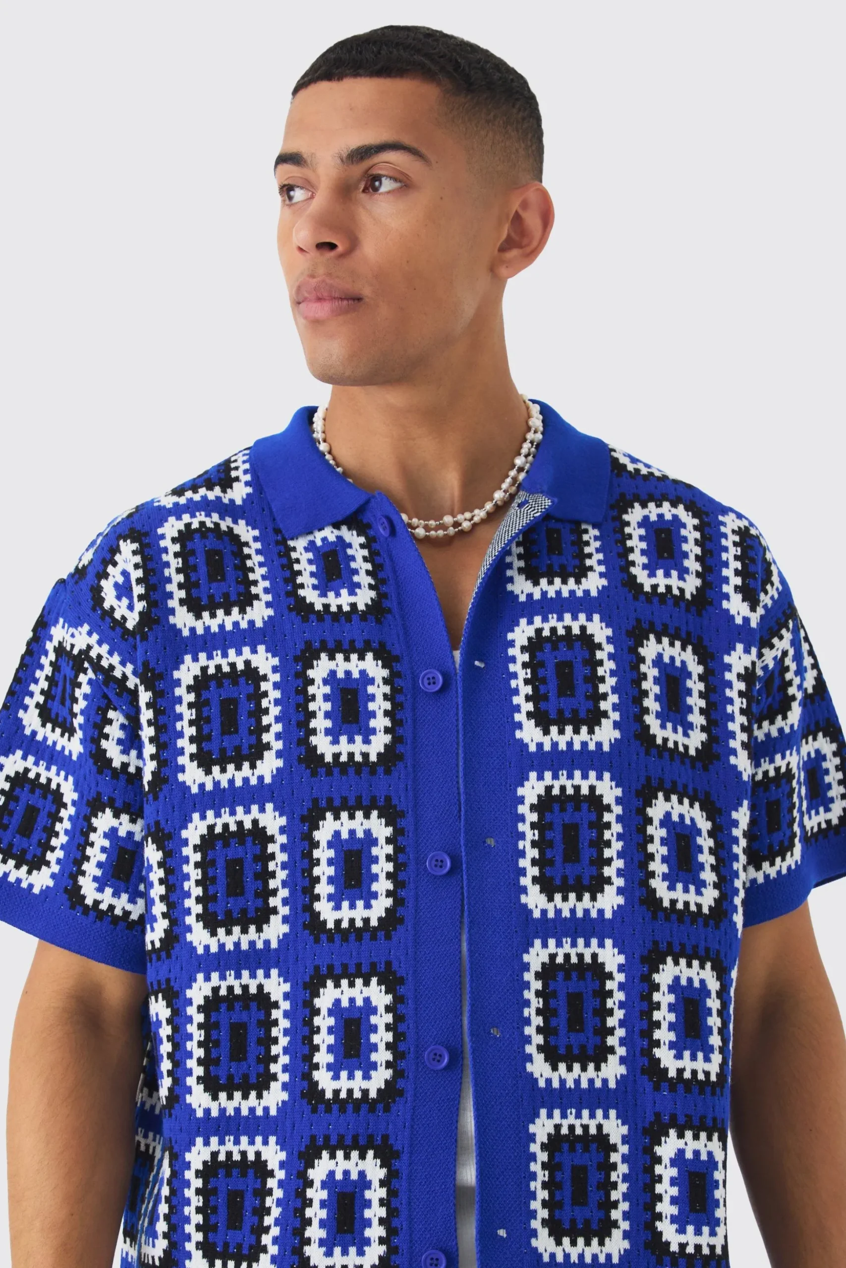 Oversized Boxy Crochet Knit Shirt | BoohooMAN UK