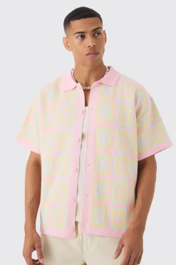 Oversized Boxy Crochet Knit Shirt | BoohooMAN UK