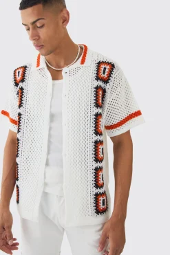 Oversized Boxy Crochet Placement Knit Shirt | BoohooMAN UK