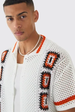 Oversized Boxy Crochet Placement Knit Shirt | BoohooMAN UK