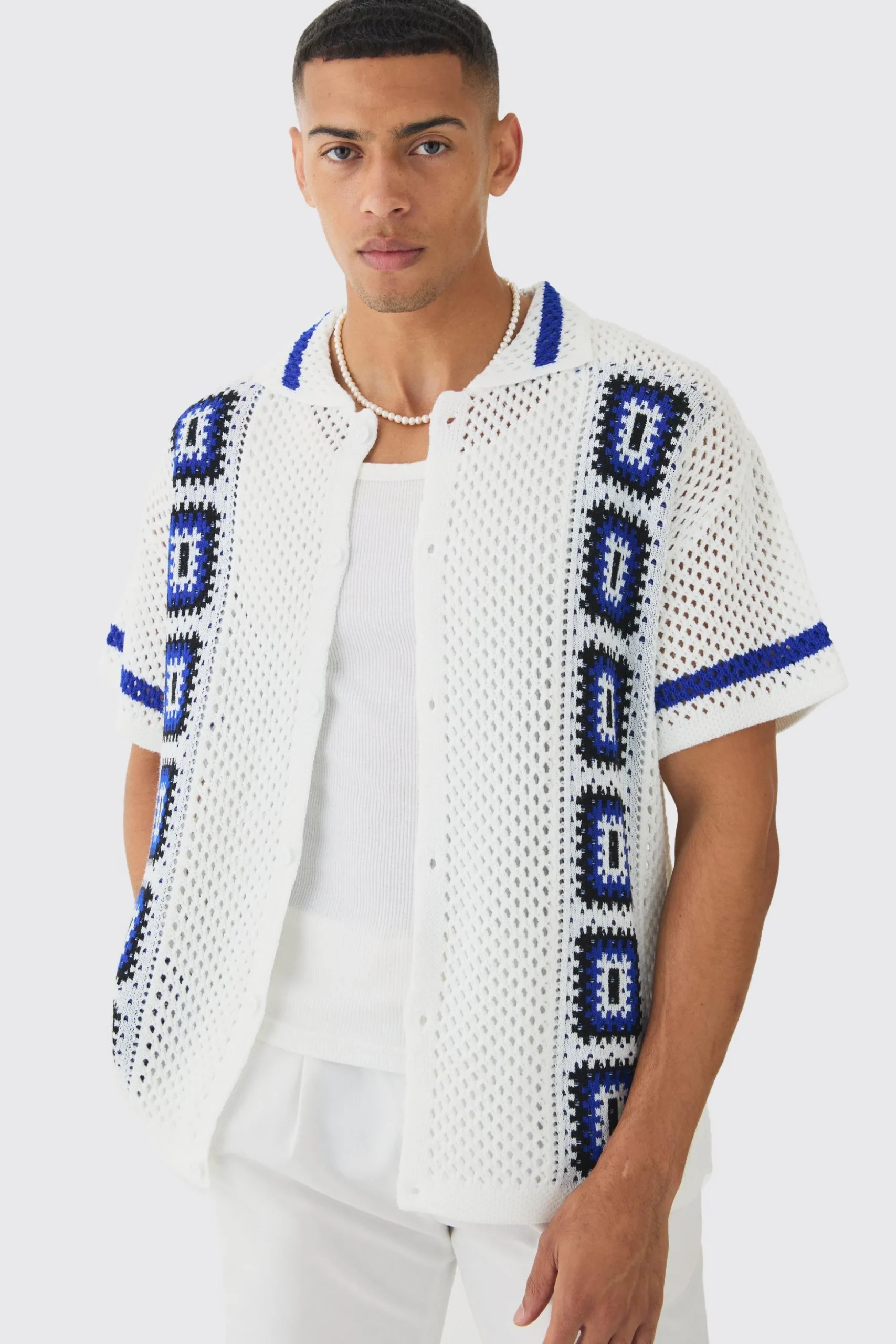 Oversized Boxy Crochet Placement Knit Shirt | BoohooMAN UK