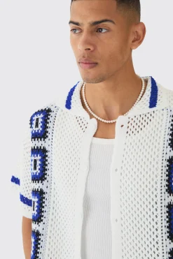 Oversized Boxy Crochet Placement Knit Shirt | BoohooMAN UK