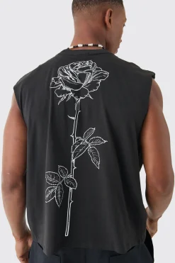 Oversized Boxy Cropped Line Rose Print Tank | BoohooMAN UK