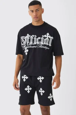 Oversized Boxy Cross Applique Distressed T-shirt And Short Set | BoohooMAN UK