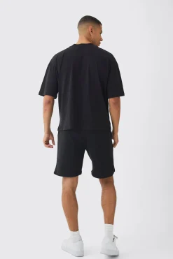 Oversized Boxy Cross Applique Distressed T-shirt And Short Set | BoohooMAN UK