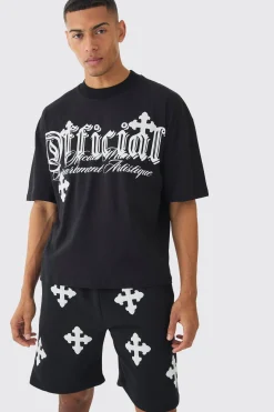 Oversized Boxy Cross Applique Distressed T-shirt And Short Set | BoohooMAN UK