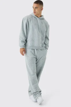 Oversized Boxy Cross Applique Hoodie And Relaxed Jogger Tracksuit | BoohooMAN UK