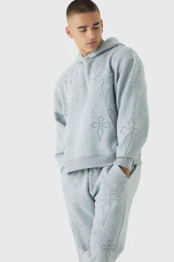 Oversized Boxy Cross Applique Hoodie And Relaxed Jogger Tracksuit | BoohooMAN UK