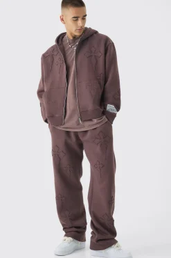 Oversized Boxy Cross Applique Zip Through Hoodie And Relaxed Jogger Tracksuit | BoohooMAN UK