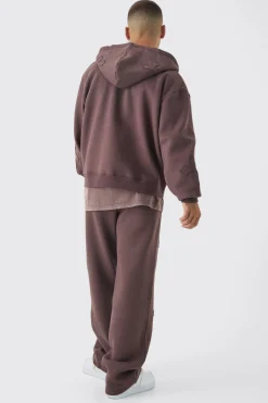 Oversized Boxy Cross Applique Zip Through Hoodie And Relaxed Jogger Tracksuit | BoohooMAN UK