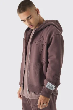 Oversized Boxy Cross Applique Zip Through Hoodie And Relaxed Jogger Tracksuit | BoohooMAN UK