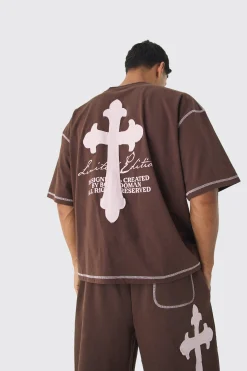 Oversized Boxy Cross Applique Contrast Stitch Heavyweight T-Shirt | BoohooMAN UK