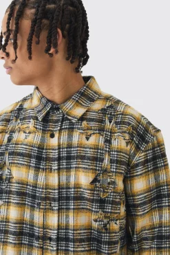 Oversized Boxy Cross Applique Check Shirt | BoohooMAN UK